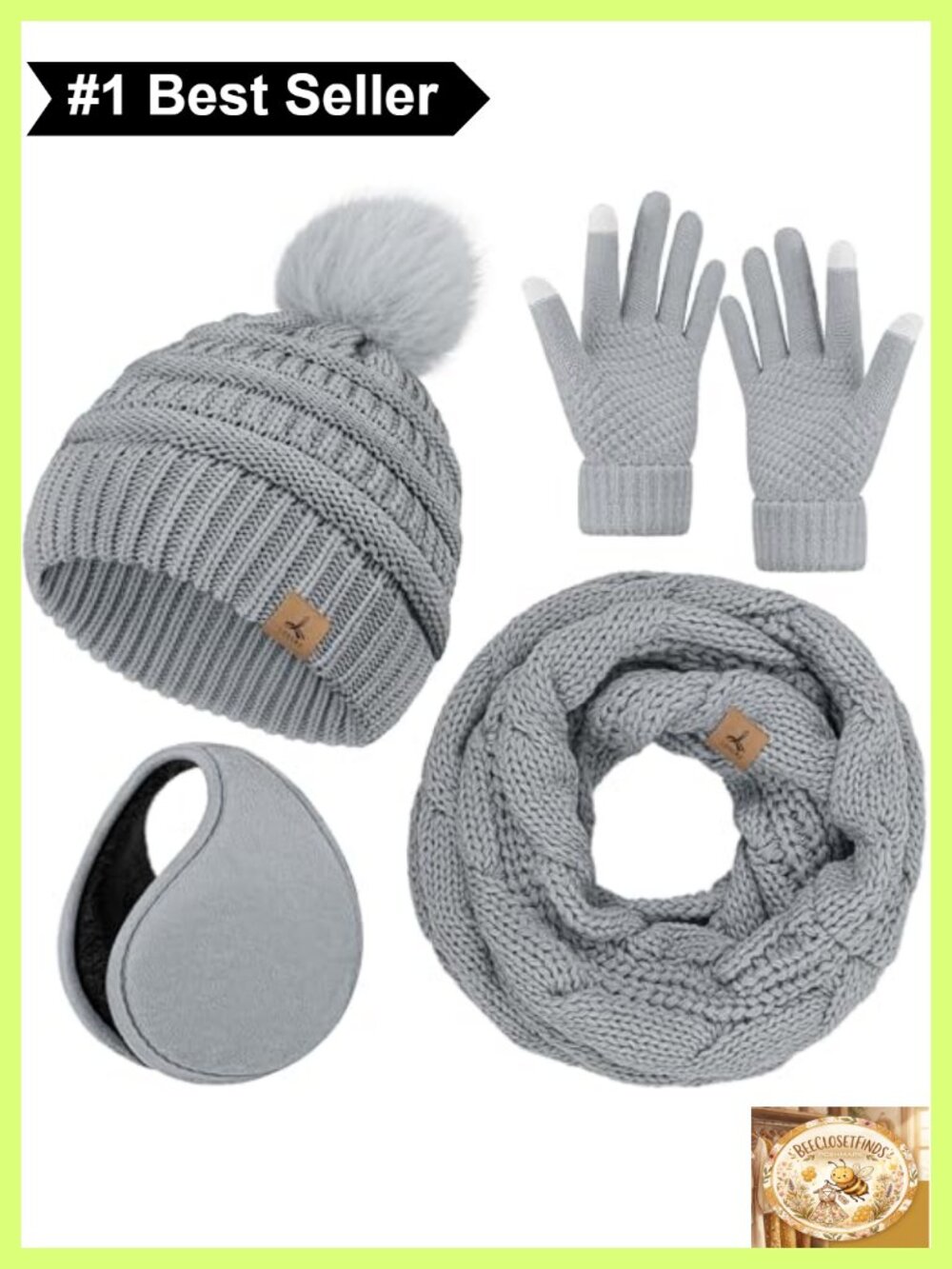 Acrylic Winter Beanie Scarf Gloves Ear Muff Set Knit Pom Pom Touchscreen Women